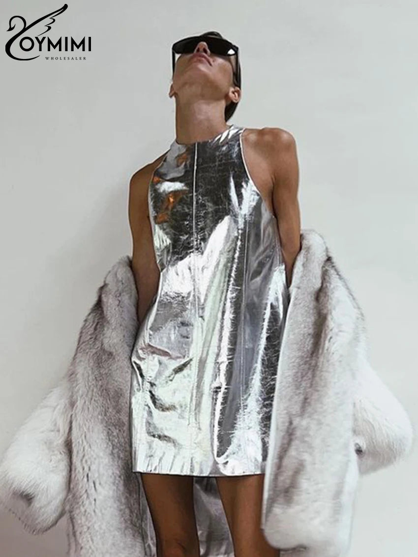 Oymimi Sexy Slim Sliver Pu Leather Dress Ladies Bodycon O-Neck Sleeveless Dress Elegant Classicc Party Dresses For Women 2023